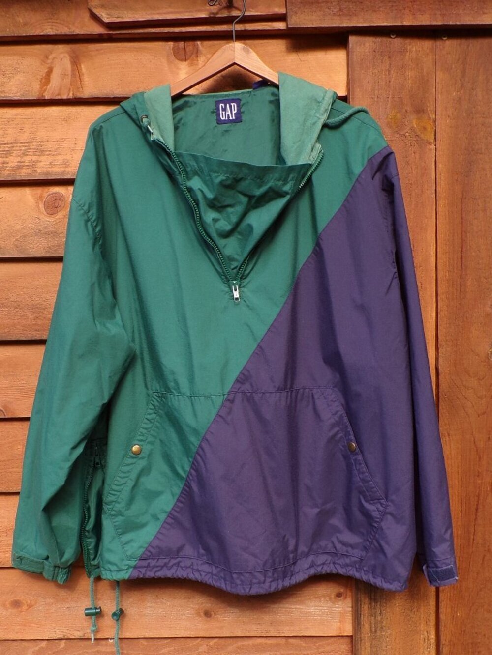 Vintage GAP Nylon Windbreaker Men's L Hooded Anorak Blue Green Color Block
